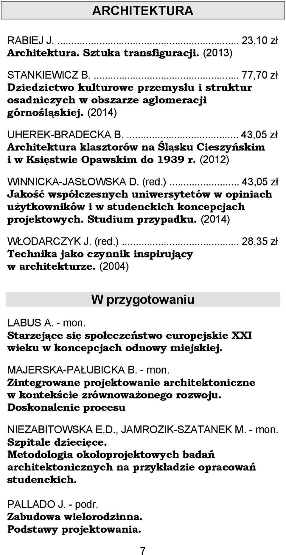 Studium przypadku. (2014) WŁODARCZYK J. (red.)... 28,35 zł Technika jako czynnik inspirujący w architekturze. (2004) W przygotowaniu LABUS A. - mon.