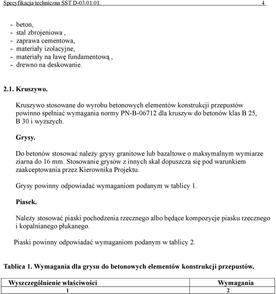 Do betonów stosować należy grysy granitowe lub bazaltowe o maksymalnym wymiarze ziarna do 16 mm. Stosowanie grysów z innych skał dopuszcza się pod warunkiem zaakceptowania przez Kierownika Projektu.