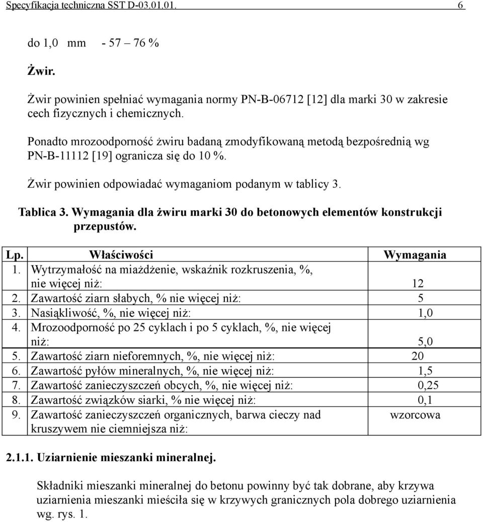 Wymagania dla żwiru marki 30 do betonowych elementów konstrukcji przepustów. Lp. Właściwości Wymagania 1. Wytrzymałość na miażdżenie, wskaźnik rozkruszenia, %, nie więcej niż: 12 2.