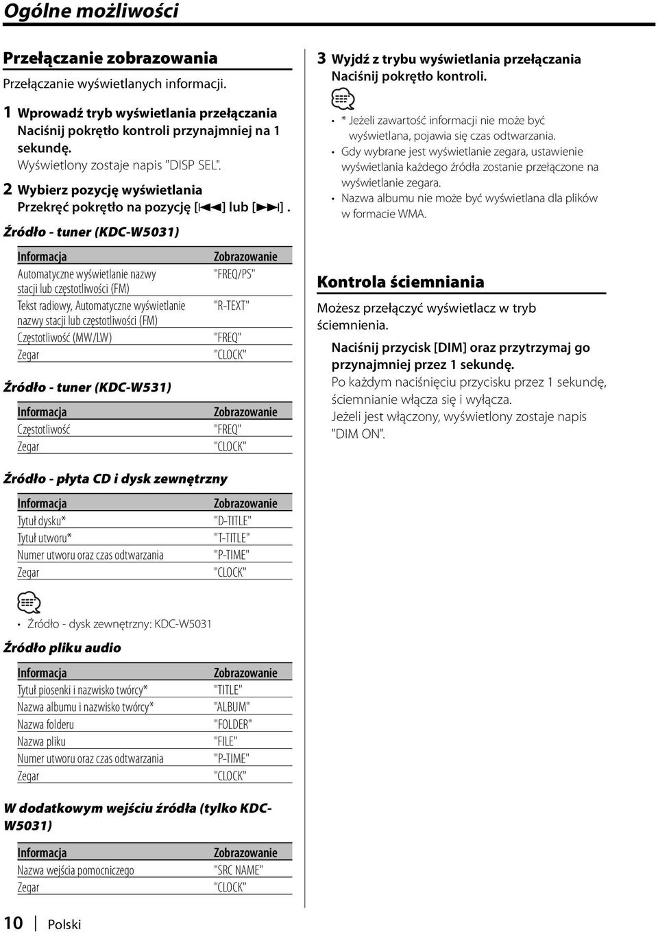 Źródło - tuner (KDC-W5031) Informacja Automatyczne wyświetlanie nazwy stacji lub częstotliwości (FM) Tekst radiowy, Automatyczne wyświetlanie nazwy stacji lub częstotliwości (FM) Częstotliwość