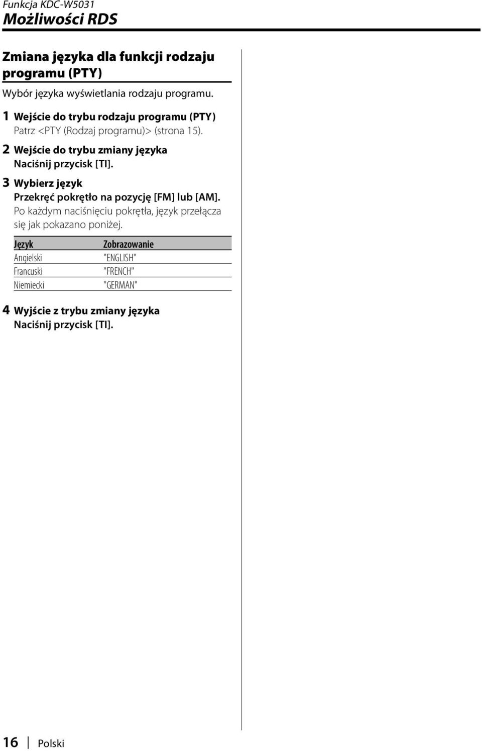 2 Wejście do trybu zmiany języka Naciśnij przycisk [TI]. 3 Wybierz język Przekręć pokrętło na pozycję [FM] lub [AM].