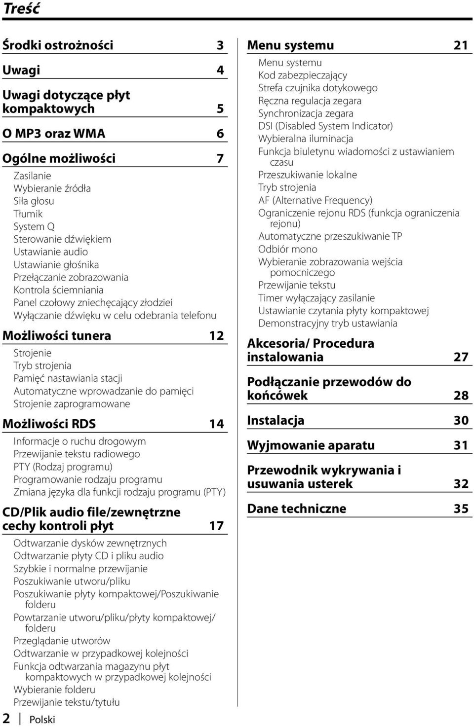 strojenia Pamięć nastawiania stacji Automatyczne wprowadzanie do pamięci Strojenie zaprogramowane Możliwości RDS 14 Informacje o ruchu drogowym Przewijanie tekstu radiowego PTY (Rodzaj programu)