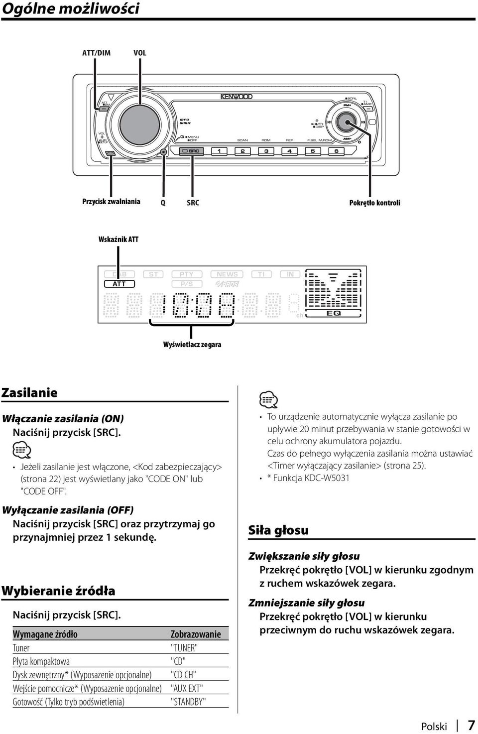 Wyłączanie zasilania (OFF) Naciśnij przycisk [SRC] oraz przytrzymaj go przynajmniej przez 1 sekundę. Wybieranie źródła Naciśnij przycisk [SRC].