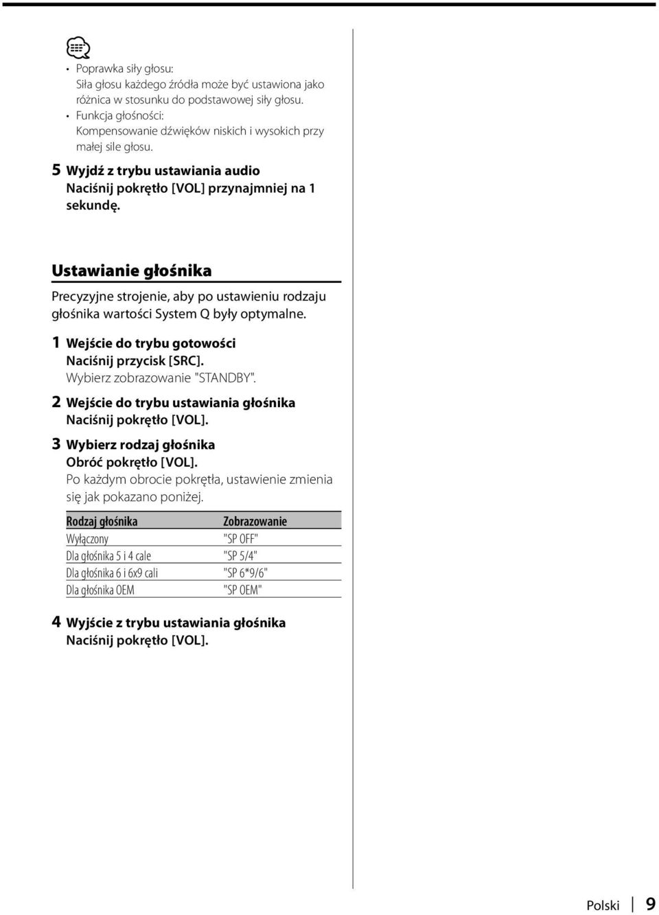 1 Wejście do trybu gotowości Naciśnij przycisk [SRC]. Wybierz zobrazowanie "STANDBY". 2 Wejście do trybu ustawiania głośnika Naciśnij pokrętło [VOL]. 3 Wybierz rodzaj głośnika Obróć pokrętło [VOL].