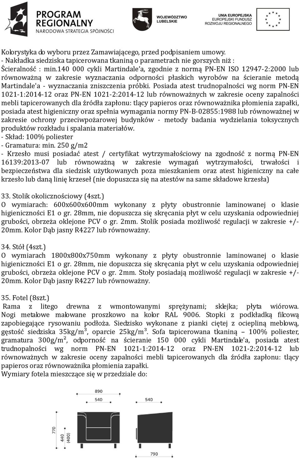 Posiada atest trudnopalności wg norm PN-EN 1021-1:2014-12 oraz PN-EN 1021-2:2014-12 lub równoważnych w zakresie oceny zapalności mebli tapicerowanych dla źródła zapłonu: tlący papieros oraz