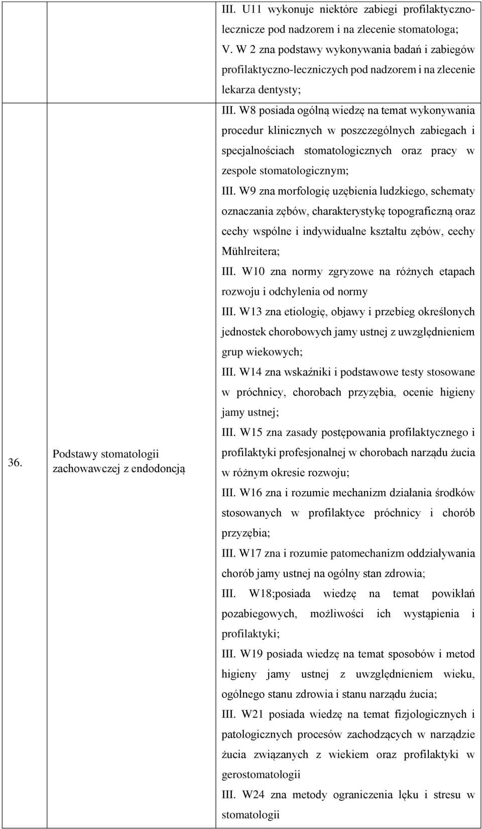 W8 posiada ogólną wiedzę na temat wykonywania procedur klinicznych w poszczególnych zabiegach i specjalnościach stomatologicznych oraz pracy w zespole stomatologicznym; III.