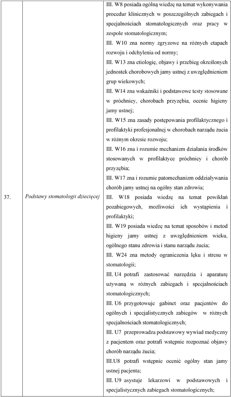 W10 zna normy zgryzowe na różnych etapach rozwoju i odchylenia od normy; III. W13 zna etiologię, objawy i przebieg określonych jednostek chorobowych jamy ustnej z uwzględnieniem grup wiekowych; III.