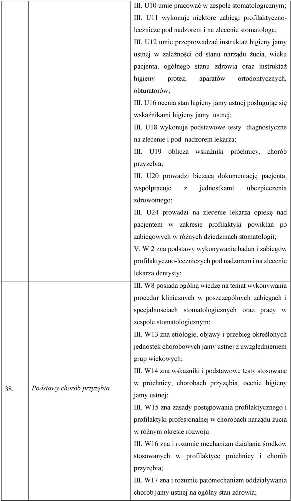 obturatorów; III. U16 ocenia stan higieny jamy ustnej posługując się wskaźnikami higieny jamy ustnej; III. U18 wykonuje podstawowe testy diagnostyczne na zlecenie i pod nadzorem lekarza; III.