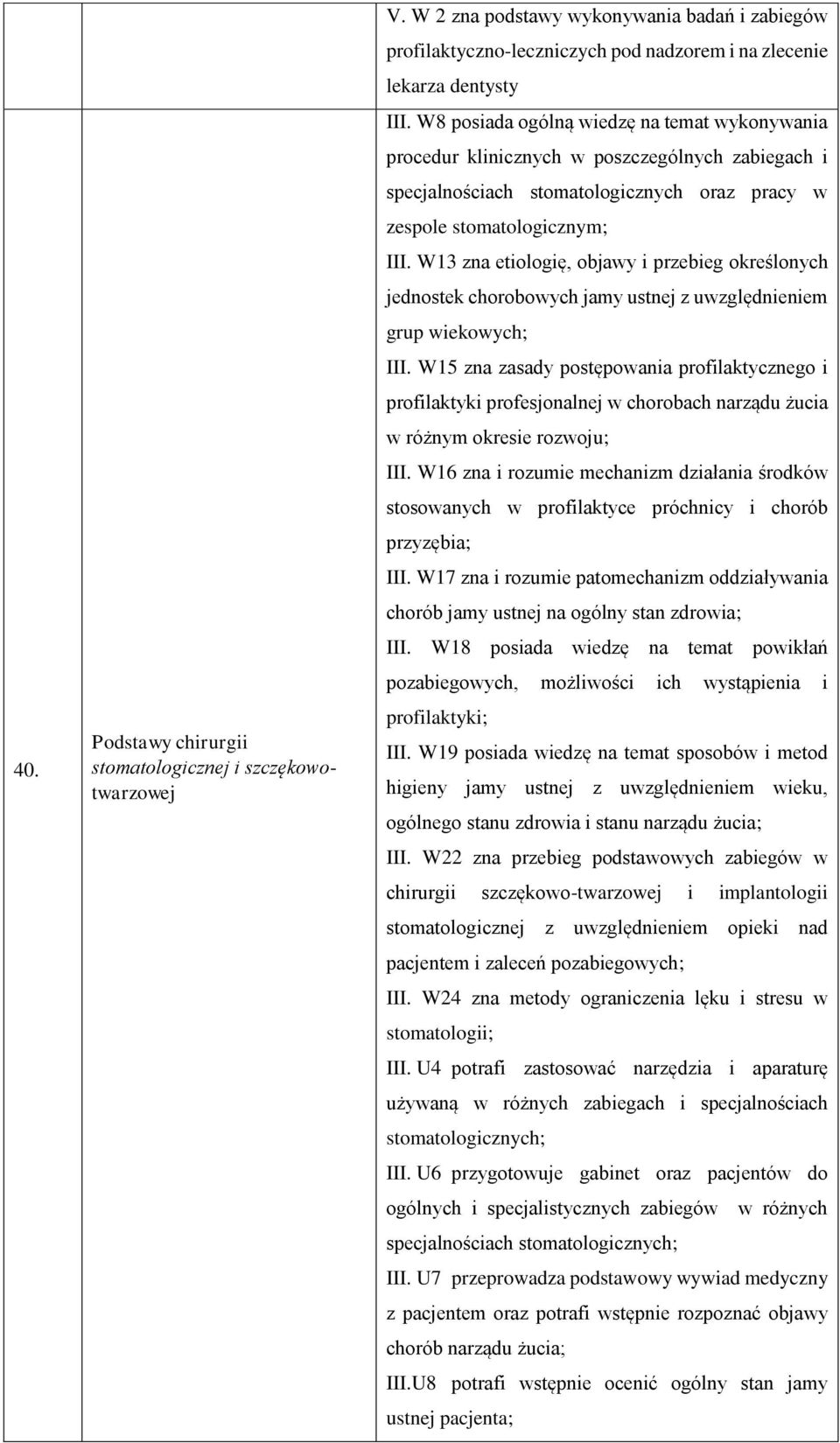 W13 zna etiologię, objawy i przebieg określonych jednostek chorobowych jamy ustnej z uwzględnieniem grup wiekowych; III.