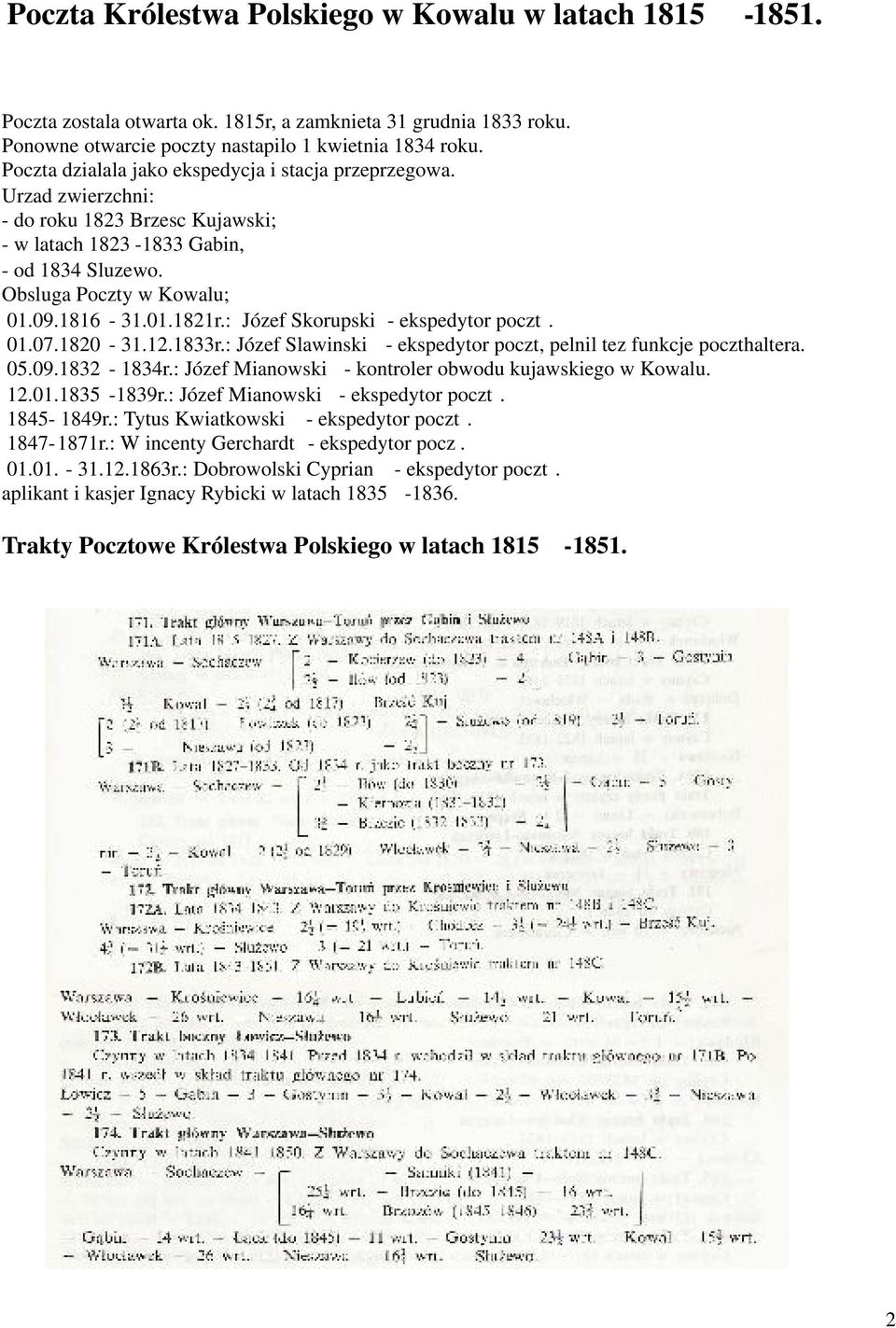 : Józef Skorupski - ekspedytor poczt. 01.07.1820-31.12.1833r.: Józef Slawinski - ekspedytor poczt, pelnil tez funkcje poczthaltera. 05.09.1832-1834r.