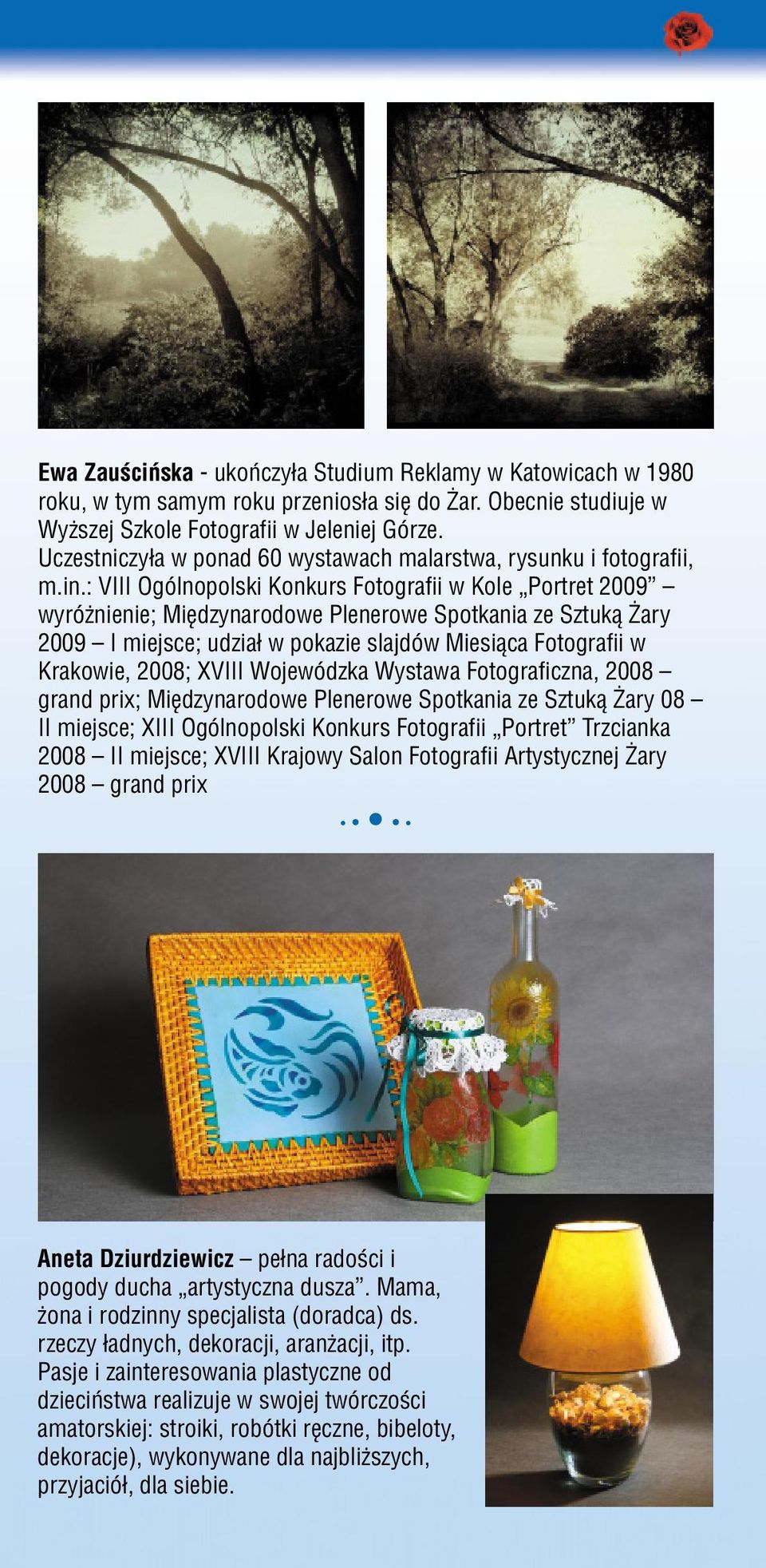 : VIII Ogólnopolski Konkurs Fotografii w Kole Portret 2009 wyró nienie; Miêdzynarodowe Plenerowe Spotkania ze Sztuk¹ ary 2009 I miejsce; udzia³ w pokazie slajdów Miesi¹ca Fotografii w Krakowie, 2008;