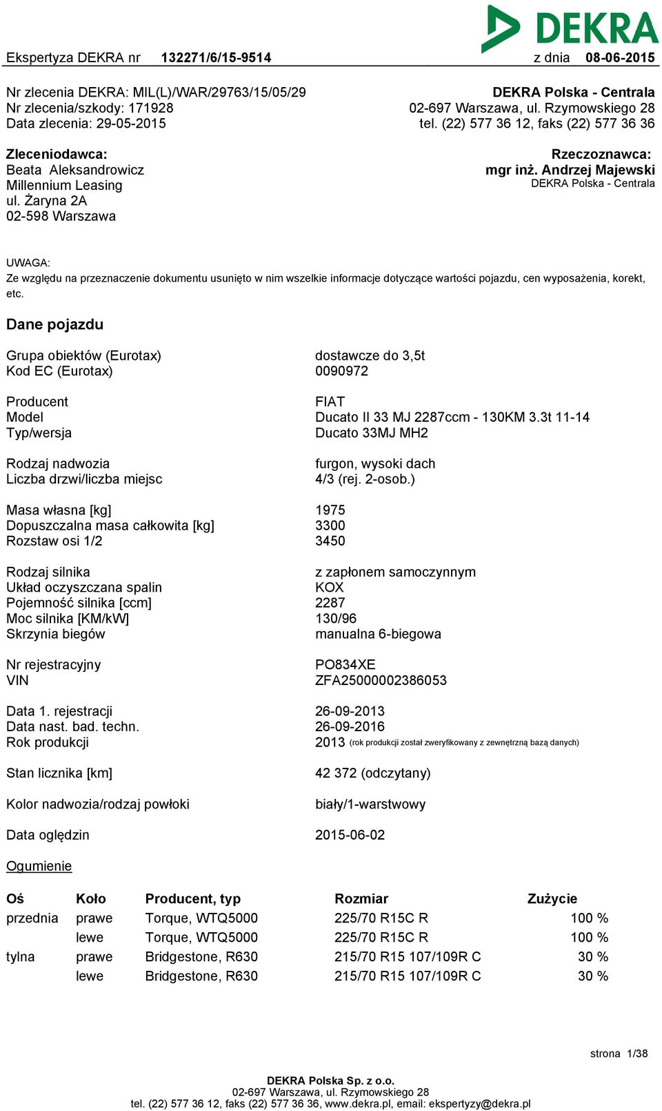 Andrzej Majewski DEKRA Polska - Centrala UWAGA: Ze względu na przeznaczenie dokumentu usunięto w nim wszelkie informacje dotyczące wartości pojazdu, cen wyposażenia, korekt, etc.