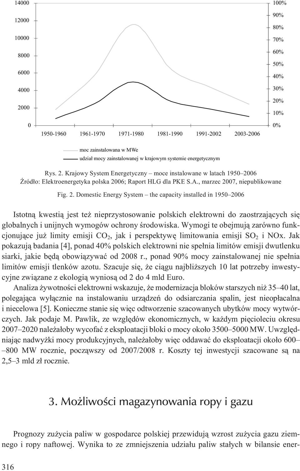 2. Domestic Energy System the capacity installed in 1950 2006 Istotn¹ kwesti¹ jest te nieprzystosowanie polskich elektrowni do zaostrzaj¹cych siê globalnych i unijnych wymogów ochrony œrodowiska.