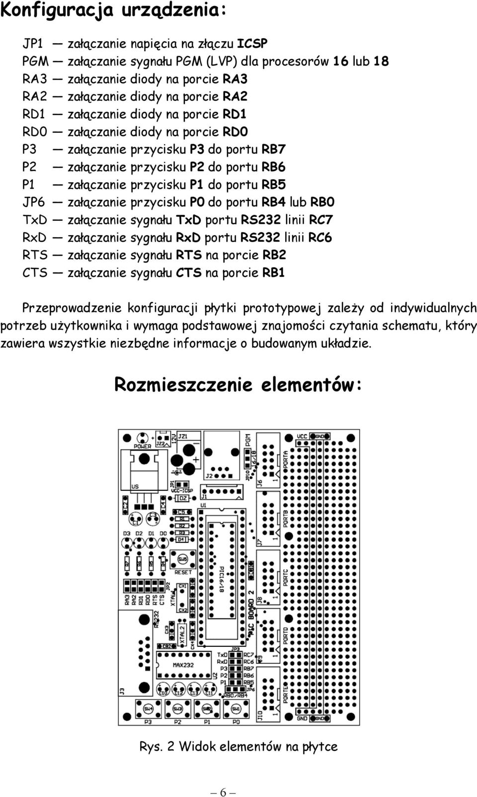 RD0 P3 zaczanie przycisku P3 do portu RB7 P2 zaczanie przycisku P2 do portu RB6 P1 zaczanie przycisku P1 do portu RB5 JP6 zaczanie przycisku P0 do portu RB4 lub RB0 TxD zaczanie sygnau TxD portu