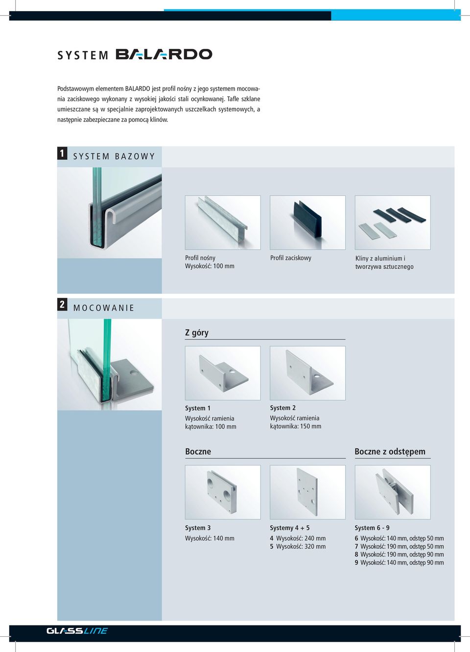 SYSTEM BAZOWY Profil nośny Wysokość: 100 mm Profil zaciskowy Kliny z aluminium i tworzywa sztucznego MOCOWANIE Z góry System 1 Wysokość ramienia kątownika: 100 mm System 2 Wysokość