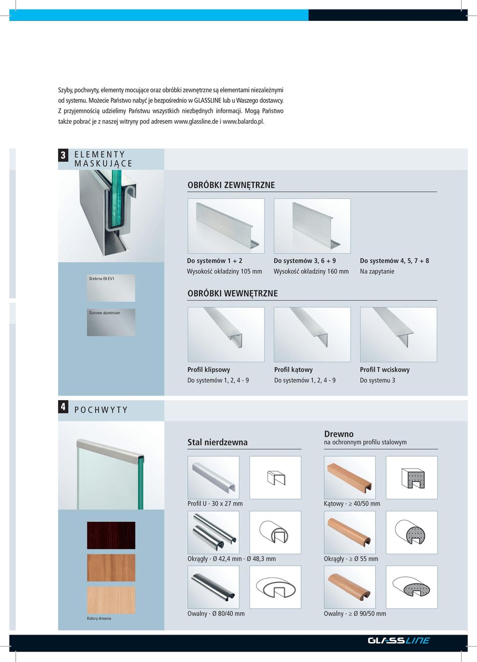 ELEMENTY MASKUJĄCE OBRÓBKI ZEWNĘTRZNE Srebrne E6 EV1 Do systemów 1 + 2 Wysokość okładziny 105 mm Do systemów 3, 6 + 9 Wysokość okładziny 160 mm Do systemów 4, 5, 7 + 8 Na zapytanie OBRÓBKI WEWNĘTRZNE