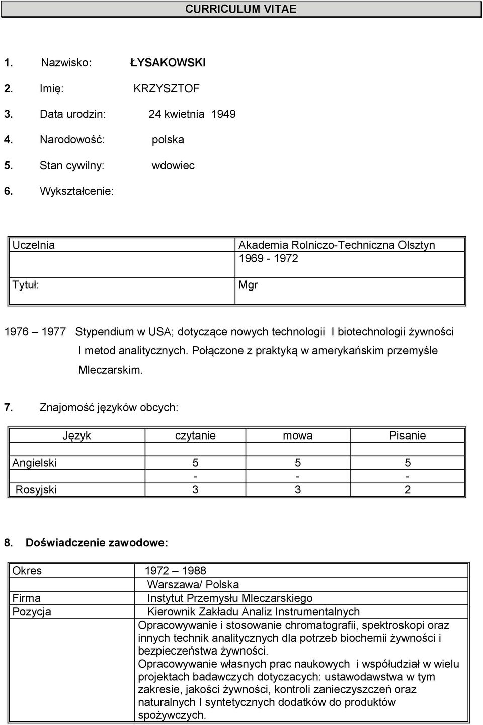 Połączone z praktyką w amerykańskim przemyśle Mleczarskim. 7. Znajomość języków obcych: Język czytanie mowa Pisanie Angielski 5 5 5 - - - Rosyjski 3 3 2 8.