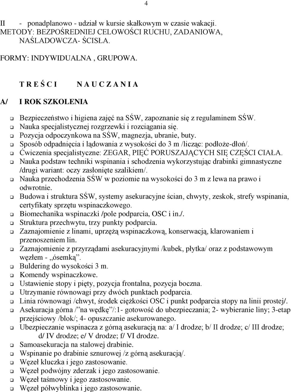 Pozycja odpoczynkowa na SŚW, magnezja, ubranie, buty. Sposób odpadnięcia i lądowania z wysokości do 3 m /licząc: podłoże-dłoń/. Ćwiczenia specjalistyczne: ZEGAR, PIĘĆ PORUSZAJĄCYCH SIĘ CZĘŚCI CIAŁA.