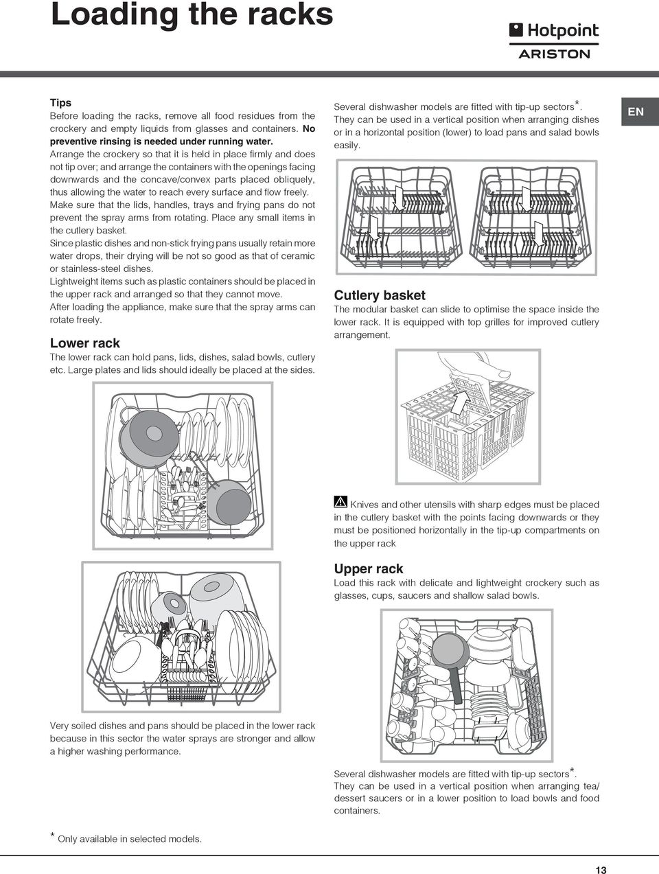 allowing the water to reach every surface and flow freely. Make sure that the lids, handles, trays and frying pans do not prevent the spray arms from rotating.