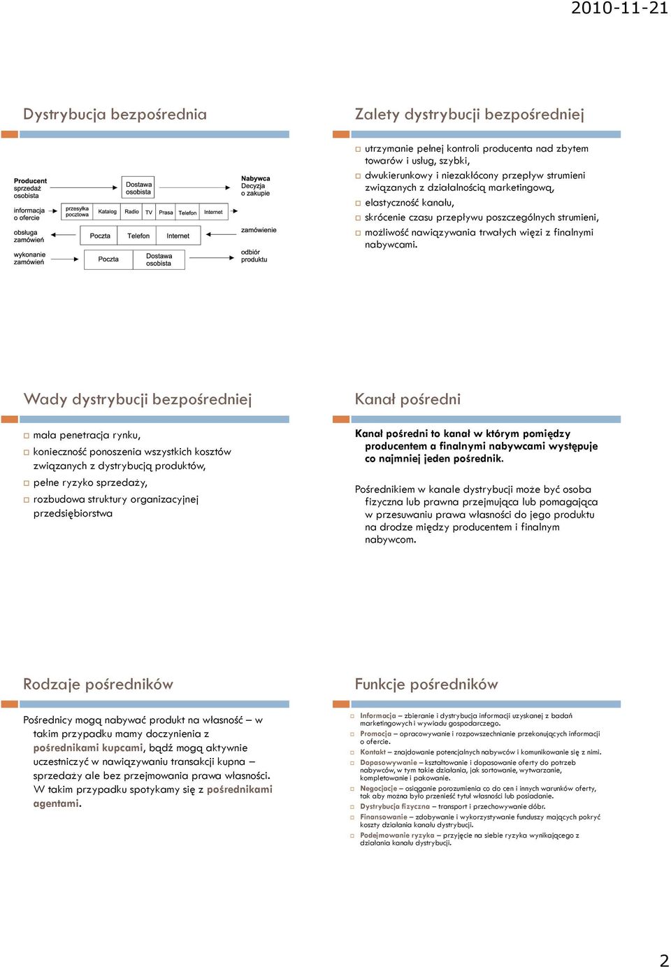 Wady dystrybucji bezpośredniej mała penetracja rynku, konieczność ponoszenia wszystkich kosztów związanych z dystrybucją produktów, pełne ryzyko sprzedaży, rozbudowa struktury organizacyjnej