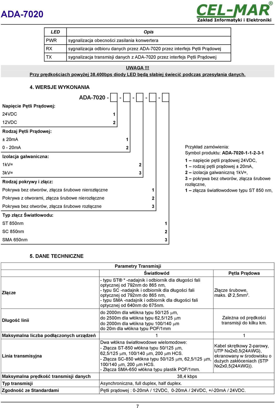 WERSJE WYKONANIA - - - - - Napięcie Pętli Prądowej: 24VDC 1 12VDC 2 Rodzaj Pętli Prądowej: ± 20mA 1 0-20mA 2 Izolacja galwaniczna: 1kV= 2 3kV= 3 Rodzaj pokrywy i złącz: Pokrywa bez otworów, złącza