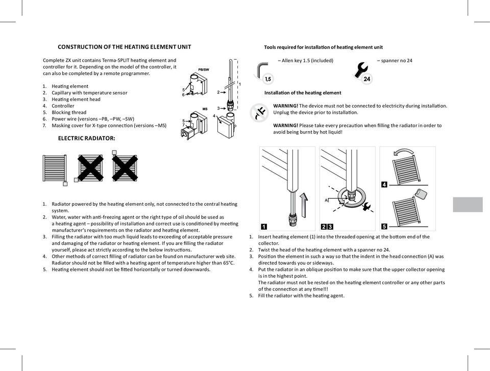 Blocking thread 6. Power wire (versions PB, PW, SW) 7. Masking cover for X-type connection (versions MS) ELECTRIC RADIATOR: Tools required for installation of heating element unit Allen key 1.