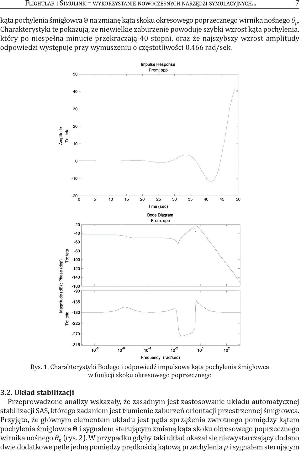 występuje przy wymuszeniu o częstotliwości 0.466 rad/sek. rys. 1. charakterystyki Bodego i odpowiedź impulsowa kąta pochylenia śmigłowca w funkcji skoku okresowego poprzecznego 3.2.