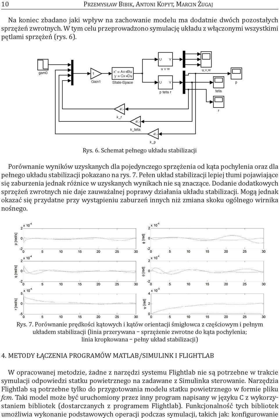 . rys. 6. Schemat pełnego układu stabilizacji Porównanie wyników uzyskanych dla pojedynczego sprzężenia od kąta pochylenia oraz dla pełnego układu stabilizacji pokazano na rys. 7.