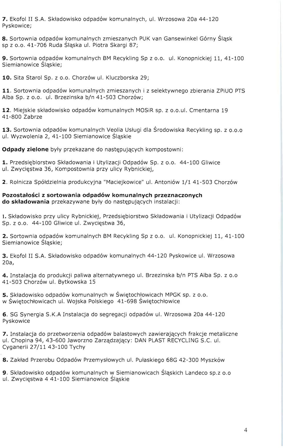 Sortownia odpadow komunalnych zmieszanych i z selektywnego zbierania ZPiUO PTS Alba Sp. z 0.0. ul. Brzezinska bin 41-503 Chorzow; 12. Miejskie sktadowisko odpadow komunalnych MOSiR sp. z o.o.ul. Cmentarna 19 41-800 Zabrze 13.