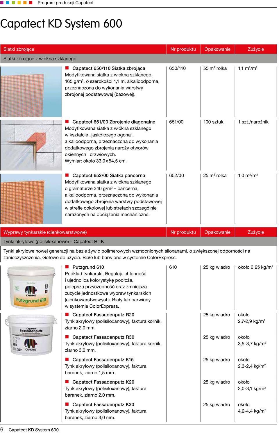 650/110 55 m 2 rolka 1,1 m 2 /m 2 Capatect 651/00 Zbrojenie diagonalne Modyfikowana siatka z włókna szklanego w kształcie jaskółczego ogona, alkalioodporna, przeznaczona do wykonania dodatkowego