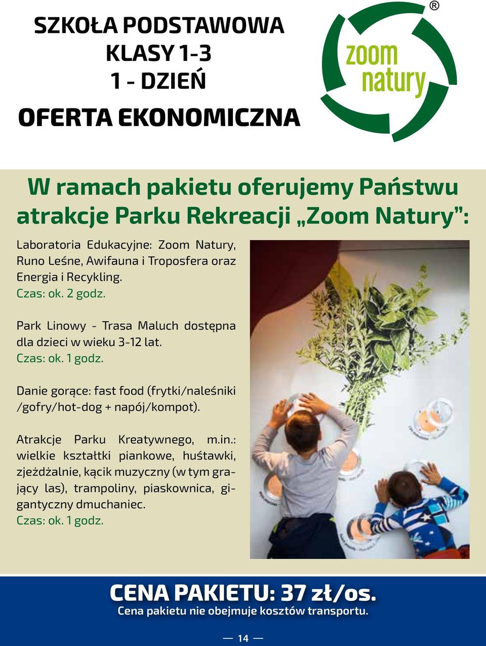 Park Linowy - Trasa Maluch dostępna dla dzieci w wieku 3-12 lat. Danie gorące: fast food (frytki/naleśniki /gofry/hot-dog + napój/kompot).