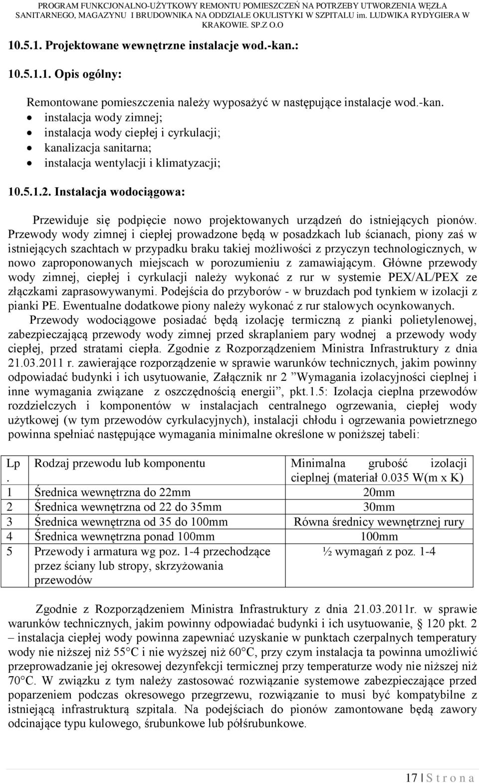 Przewody wody zimnej i ciepłej prowadzone będą w posadzkach lub ścianach, piony zaś w istniejących szachtach w przypadku braku takiej możliwości z przyczyn technologicznych, w nowo zaproponowanych