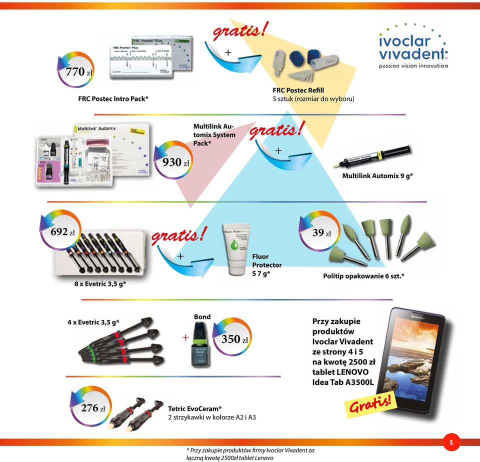 * 4 x Evetric 3,5 g* 276 zł Bond 350 zł Tetric EvoCeram* 2 strzykawki w kolorze A2 i A3 Przy zakupie produktów Ivoclar