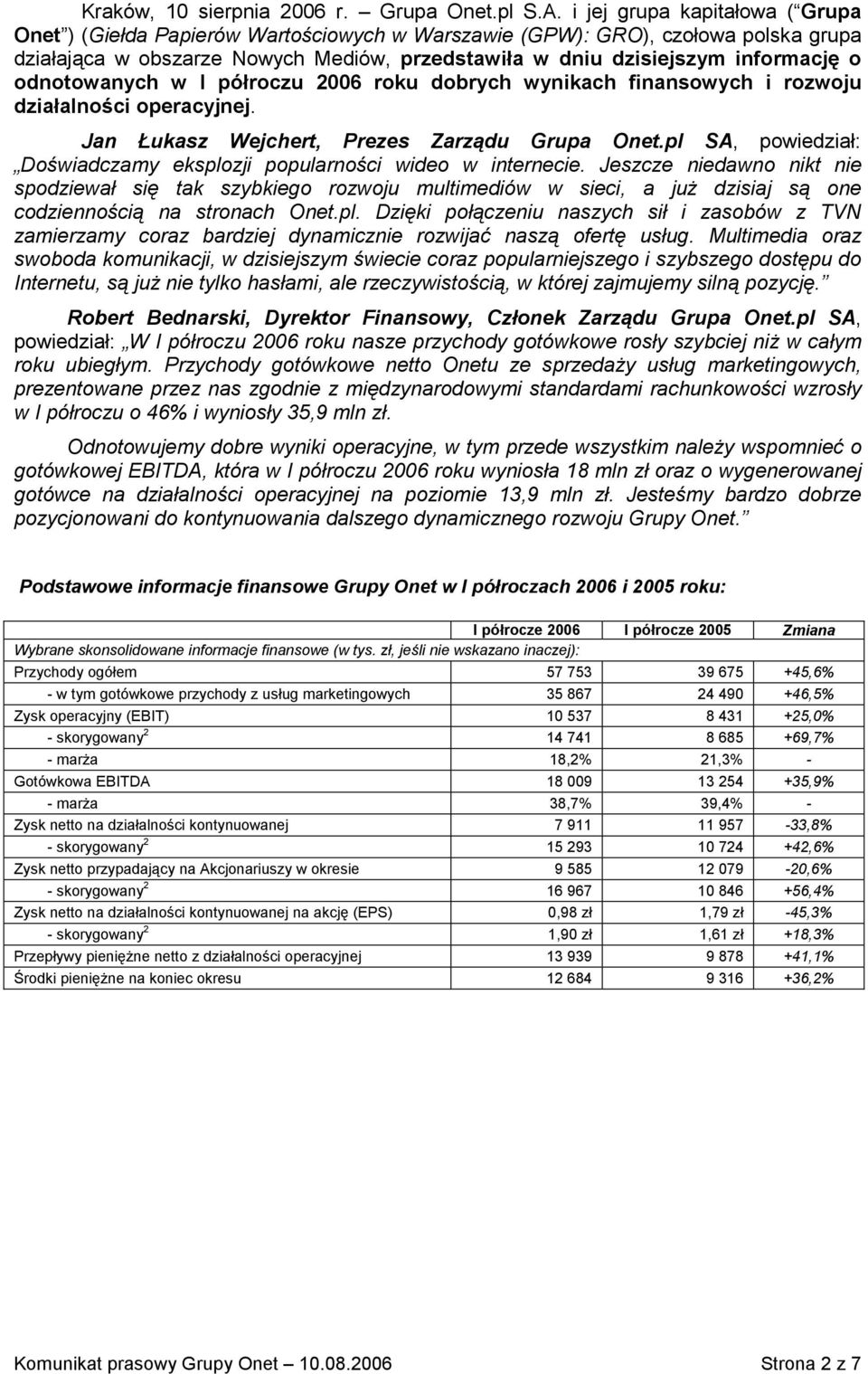 odnotowanych w I półroczu 26 roku dobrych wynikach finansowych i rozwoju działalności operacyjnej. Jan Łukasz Wejchert, Prezes Zarządu Grupa Onet.