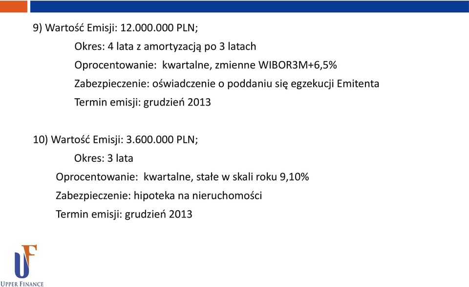 WIBOR3M+6,5% Zabezpieczenie: oświadczenie o poddaniu się egzekucji Emitenta Termin emisji: