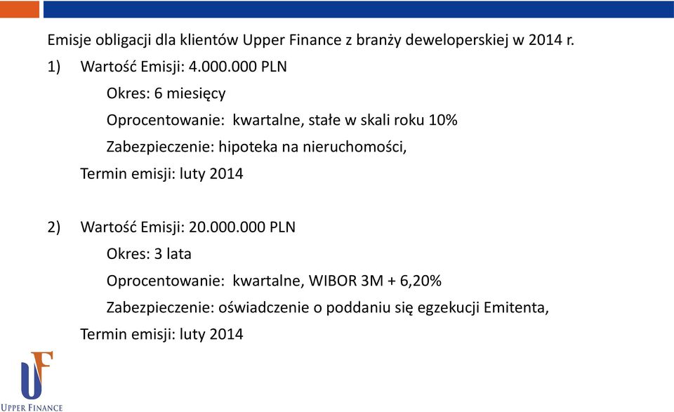 nieruchomości, Termin emisji: luty 2014 2) Wartość Emisji: 20.000.