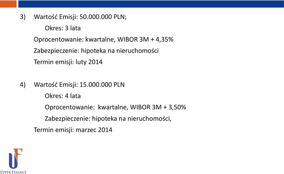 hipoteka na nieruchomości Termin emisji: luty 2014 4) Wartość Emisji: 15.000.