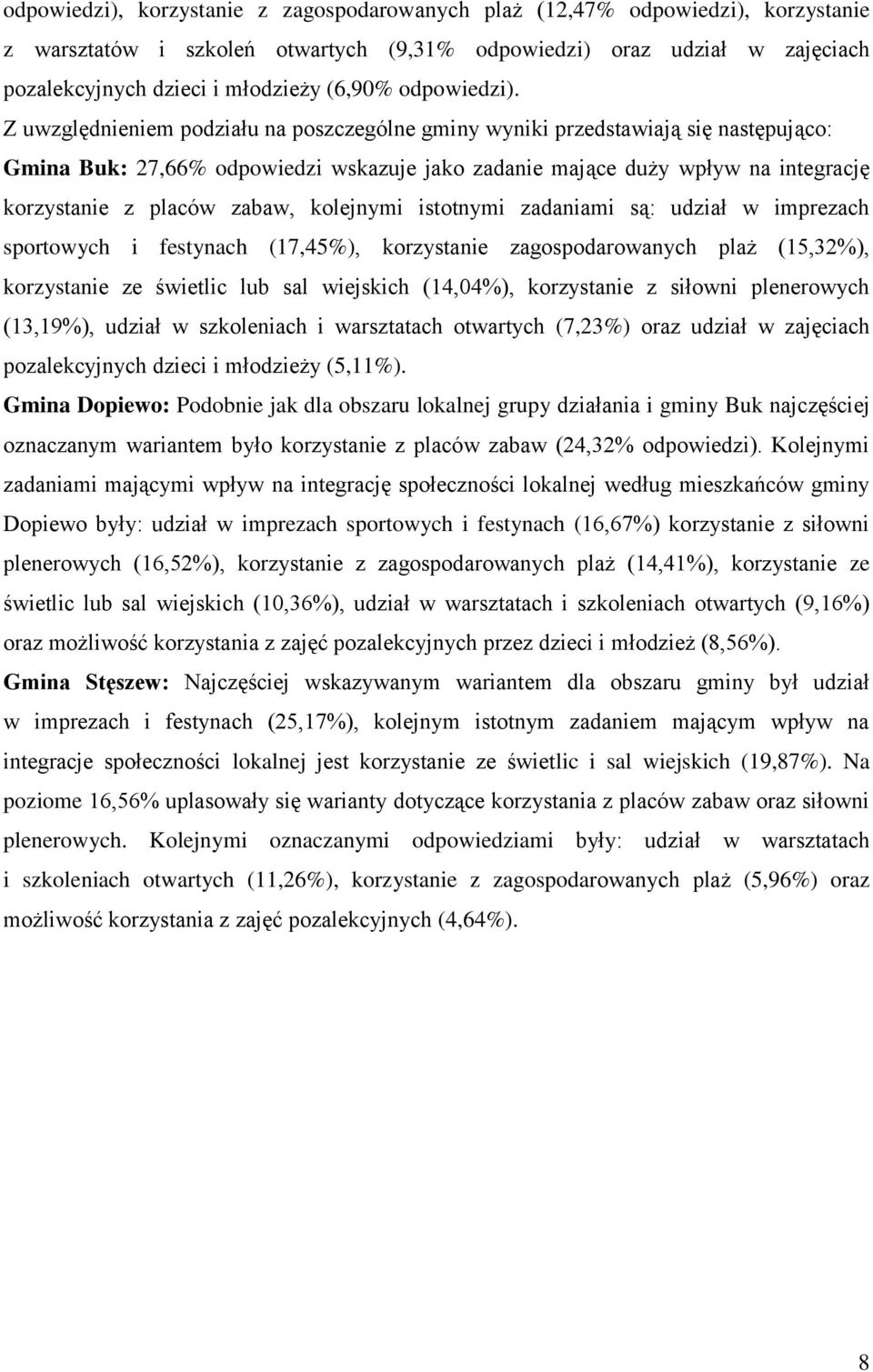 Z uwzględnieniem podziału na poszczególne gminy wyniki przedstawiają się następująco: Gmina Buk: 27,66% odpowiedzi wskazuje jako zadanie mające duży wpływ na integrację korzystanie z placów zabaw,