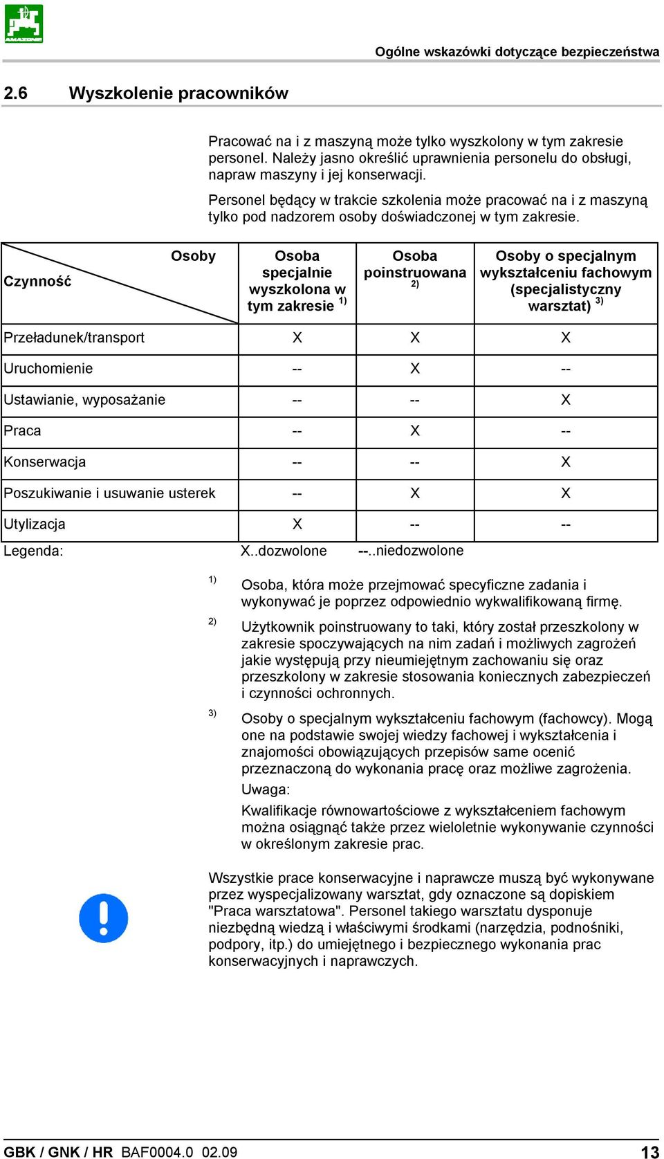 Personel będący w trakcie szkolenia może pracować na i z maszyną tylko pod nadzorem osoby doświadczonej w tym zakresie.