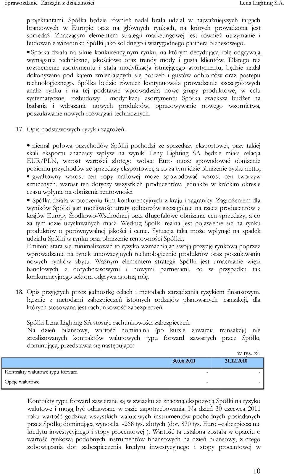 Spółka działa na silnie konkurencyjnym rynku, na którym decydującą rolę odgrywają wymagania techniczne, jakościowe oraz trendy mody i gusta klientów.