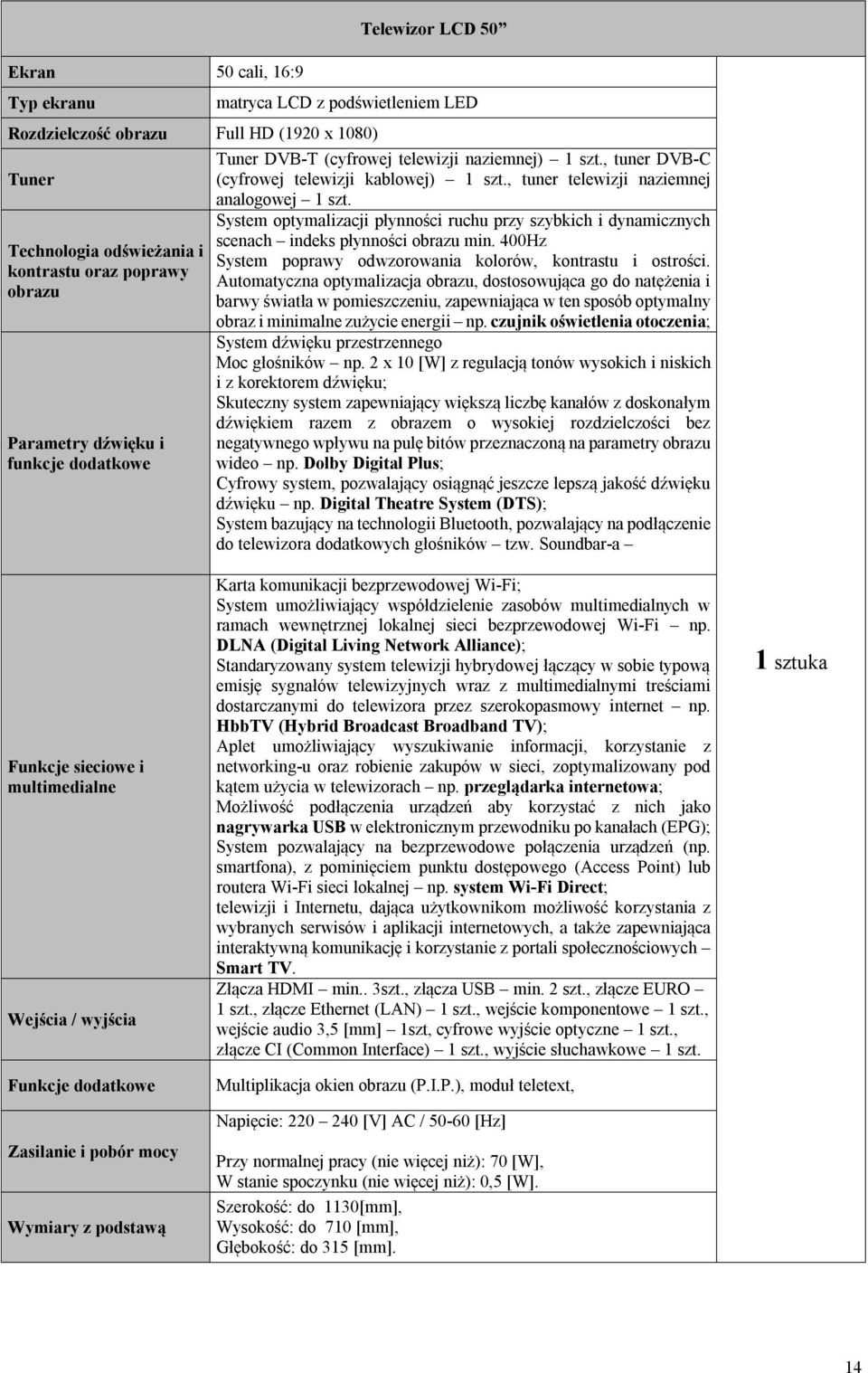 System optymalizacji płynności ruchu przy szybkich i dynamicznych scenach indeks płynności obrazu min. 400Hz Technologia odświeżania i System poprawy odwzorowania kolorów, kontrastu i ostrości.