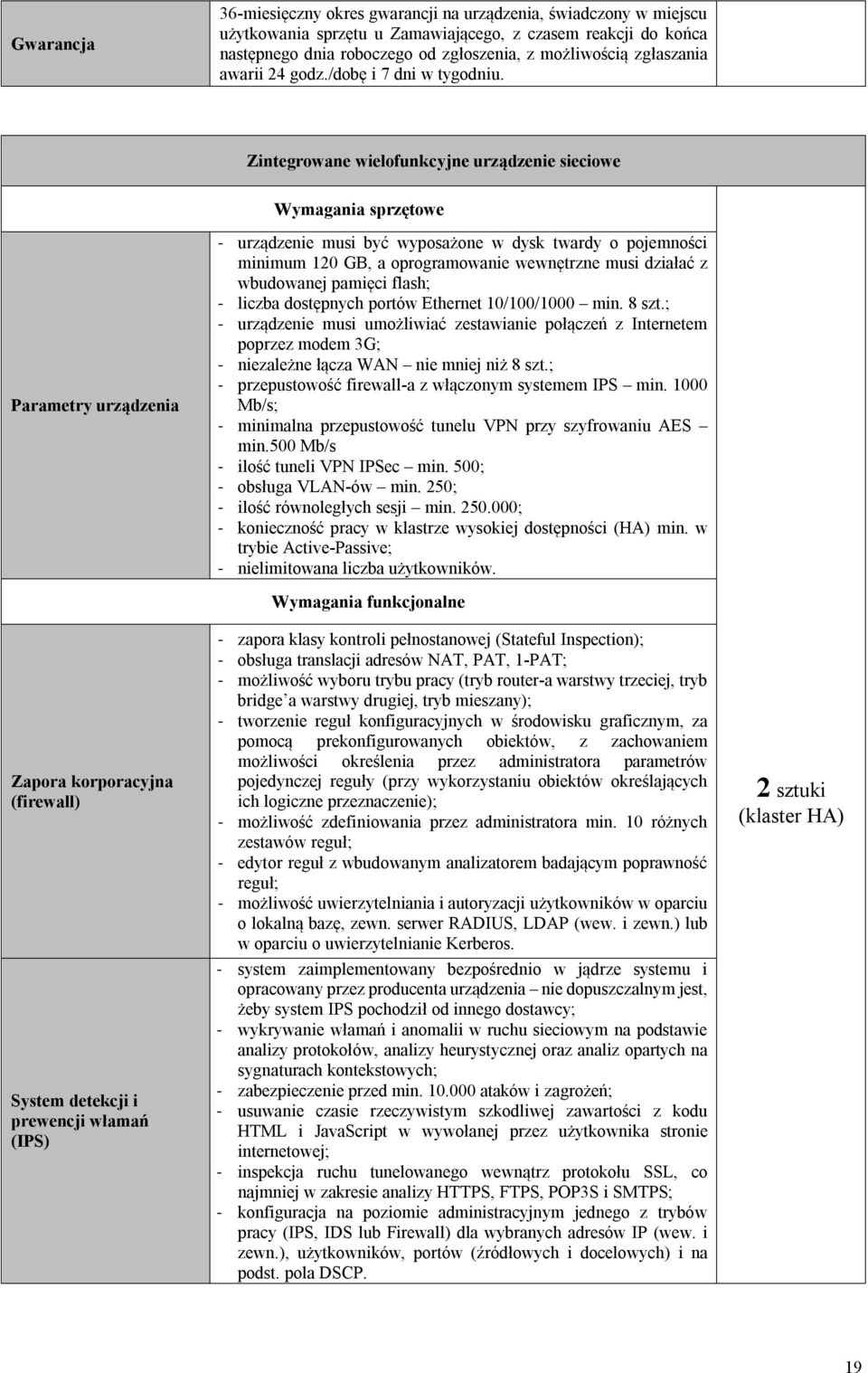 Zintegrowane wielofunkcyjne urządzenie sieciowe Wymagania sprzętowe Parametry urządzenia - urządzenie musi być wyposażone w dysk twardy o pojemności minimum 120 GB, a oprogramowanie wewnętrzne musi