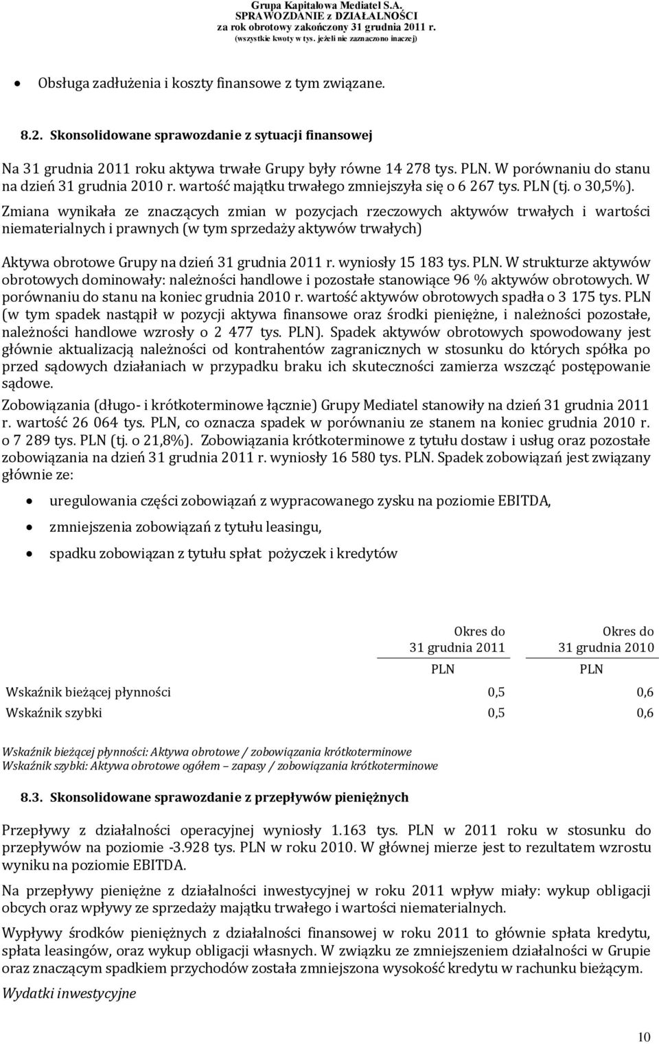 Zmiana wynikała ze znaczących zmian w pozycjach rzeczowych aktywów trwałych i wartości niematerialnych i prawnych (w tym sprzedaży aktywów trwałych) Aktywa obrotowe Grupy na dzień 31 grudnia 2011 r.