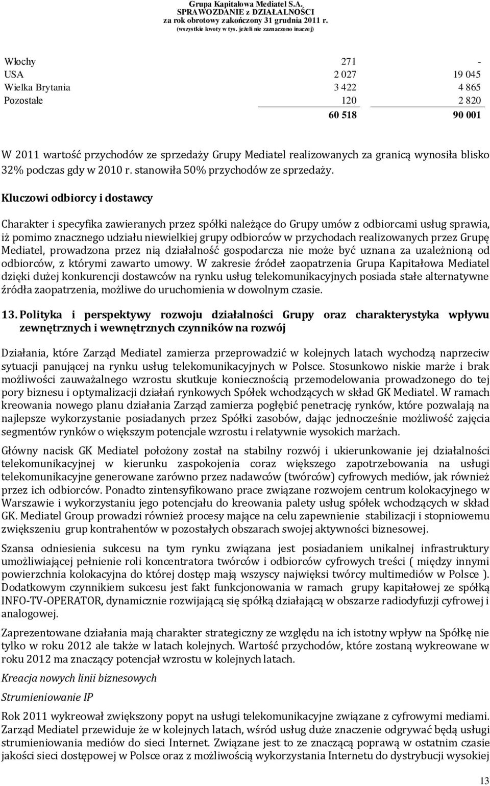 Kluczowi odbiorcy i dostawcy Charakter i specyfika zawieranych przez spółki należące do Grupy umów z odbiorcami usług sprawia, iż pomimo znacznego udziału niewielkiej grupy odbiorców w przychodach