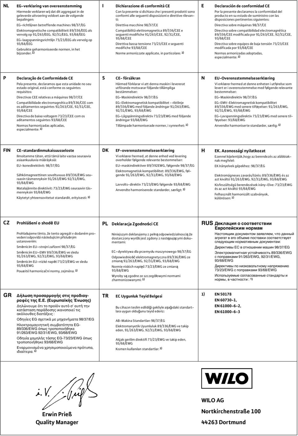 suministro con las disposiciones pertinentes siguientes: EG-richtlijnen betreffende machines 98/37/EG Direttiva macchine 98/37/CE Directiva sobre máquinas 98/37/CE Elektromagnetische compatibiliteit