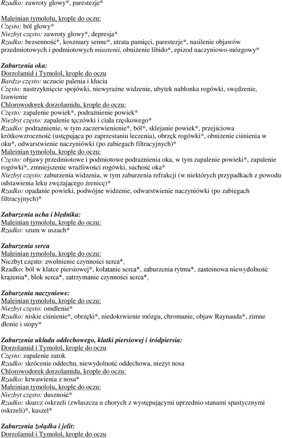 rogówki, swędzenie, łzawienie Często: zapalenie powiek*, podrażnienie powiek* Niezbyt często: zapalenie tęczówki i ciała rzęskowego* Rzadko: podrażnienie, w tym zaczerwienienie*, ból*, sklejanie