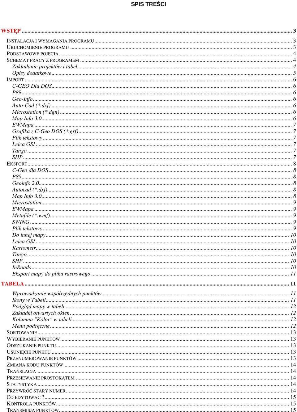 .. 7 Tango... 7 SHP... 7 EKSPORT... 8 C-Geo dla DOS... 8 P89... 8 Geoinfo 2.0... 8 Autocad (*.dxf)... 8 Map Info 3.0... 8 Microstation... 9 EWMapa... 9 Metafile (*.wmf)... 9 SWING... 9 Plik tekstowy.