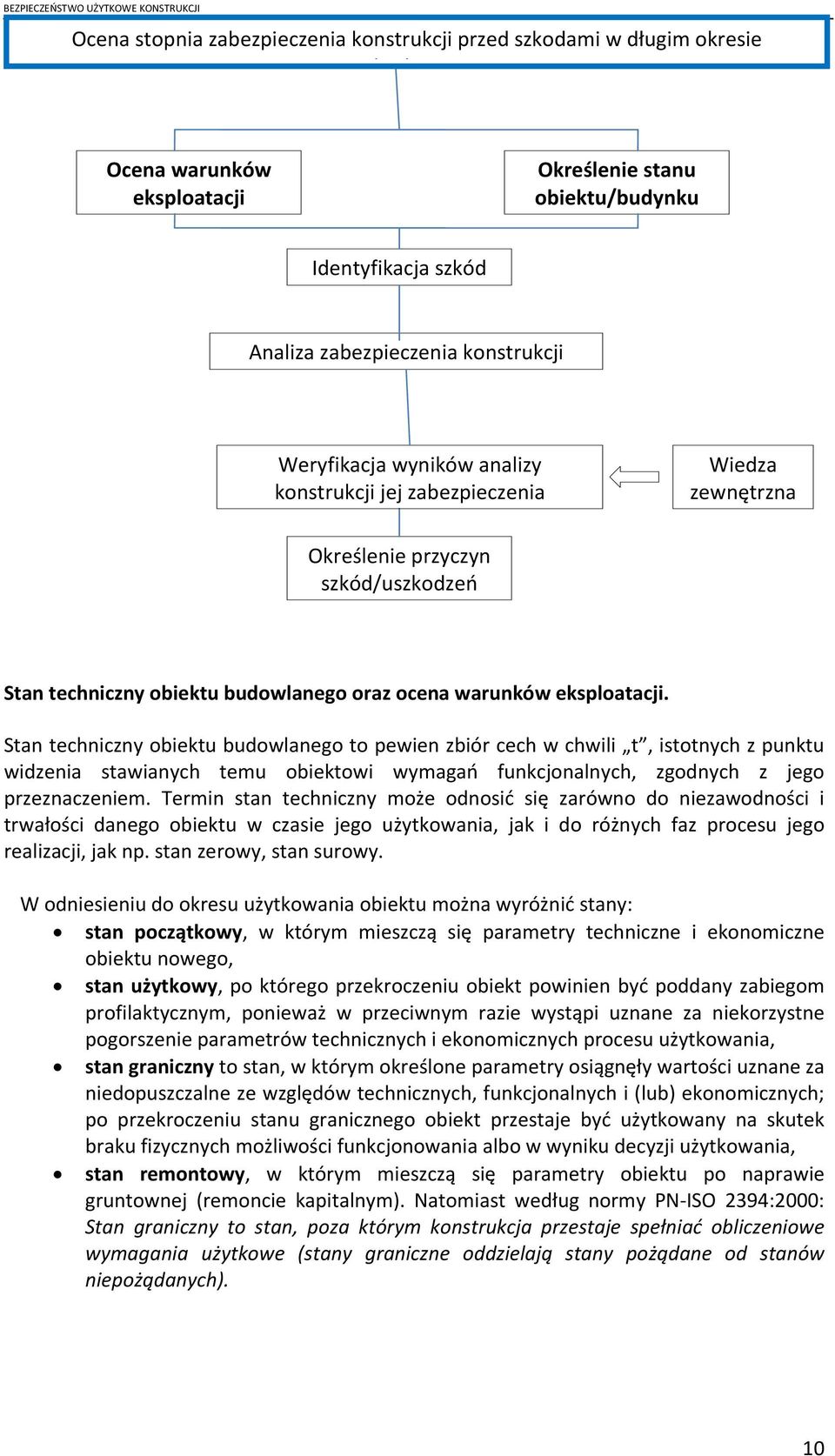 Stan techniczny obiektu budowlanego to pewien zbiór cech w chwili t, istotnych z punktu widzenia stawianych temu obiektowi wymagań cunkcjonalnych, zgodnych z jego przeznaczeniem.