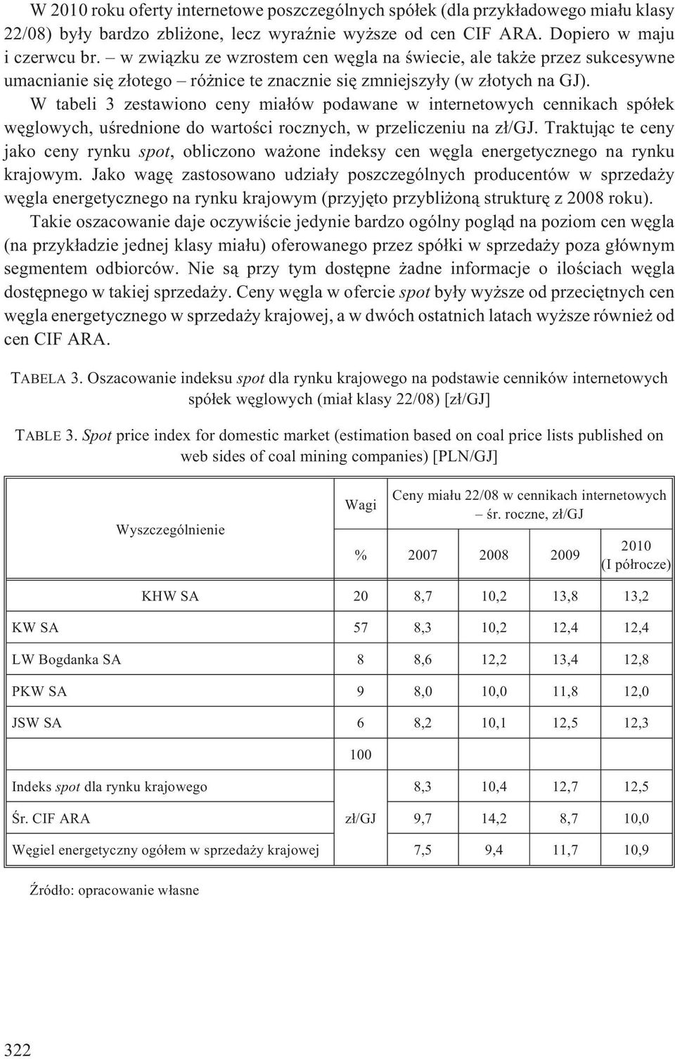 W tabeli 3 zestawiono ceny mia³ów podawane w internetowych cennikach spó³ek wêglowych, uœrednione do wartoœci rocznych, w przeliczeniu na z³/gj.