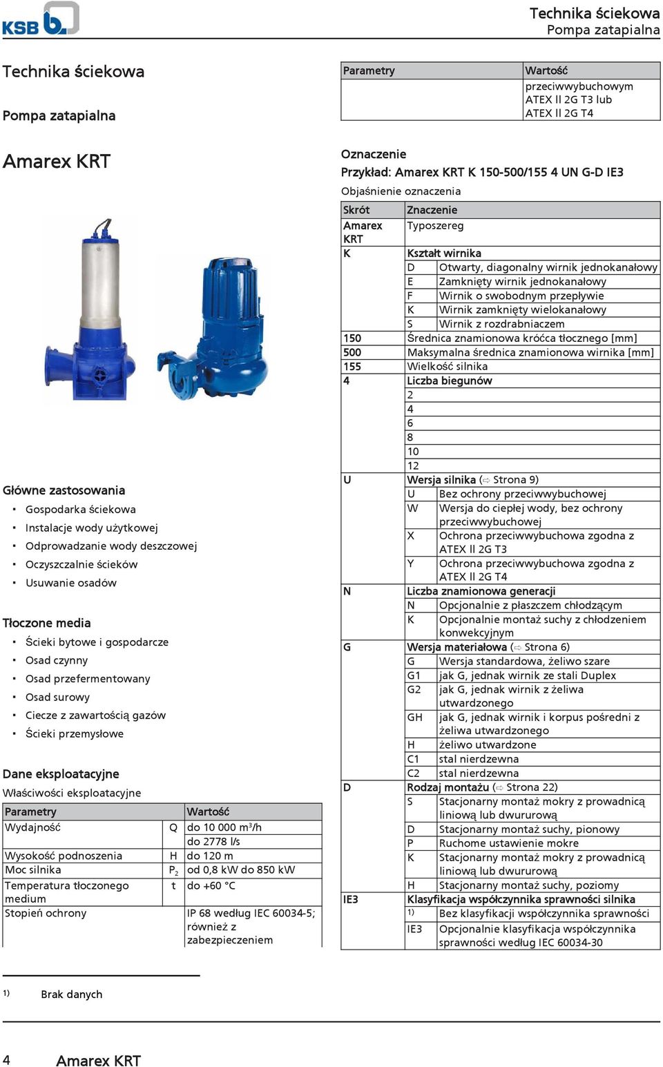 Właściwości eksploatacyjne Parametry Wartość Wydajność Q do 000 m 3 /h do 2778 l/s Wysokość podnoszenia H do 1 m Moc silnika P 2 od 0,8 kw do 8 kw Temperatura tłoczonego t do +60 C medium Stopień